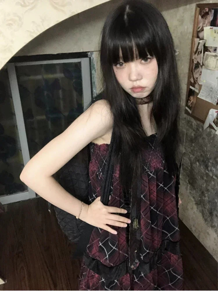 Deeptown Harajuku Goth Red Mini Plaid Dress Women Y2k Gothic Mall Cyber Punk Halloween Dresses Vintage One Piece Slip Vestidos 240329