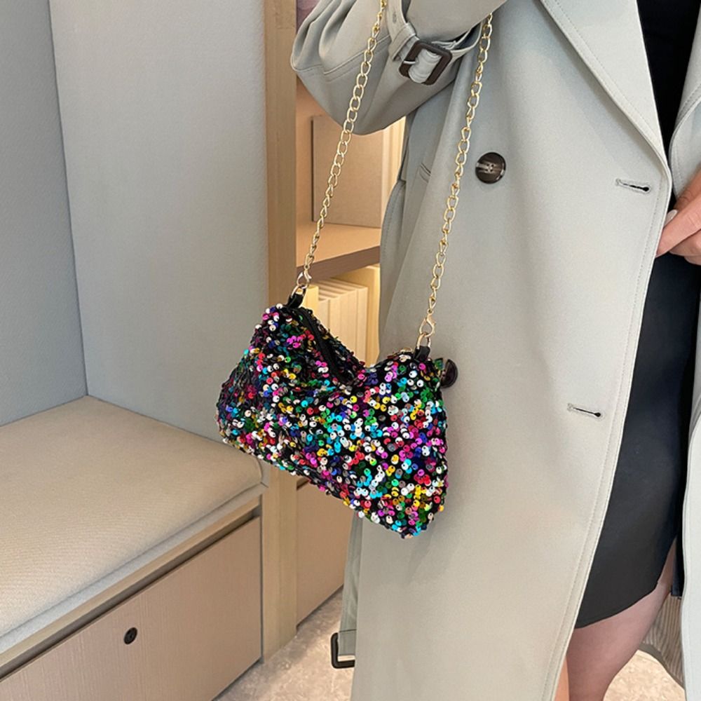 Chain Sequins Crossbody Bag Solid Color Korean Style Sequins Shoulder Bag Phone Purse INS Evening Clutch Bag Dinner Party