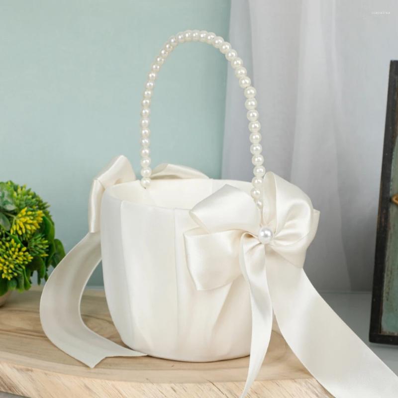 Party Decoration Flower Girl Basket Ring Pillow Set Romantic Satin Bow Pearls Bearer For Wedding Decor