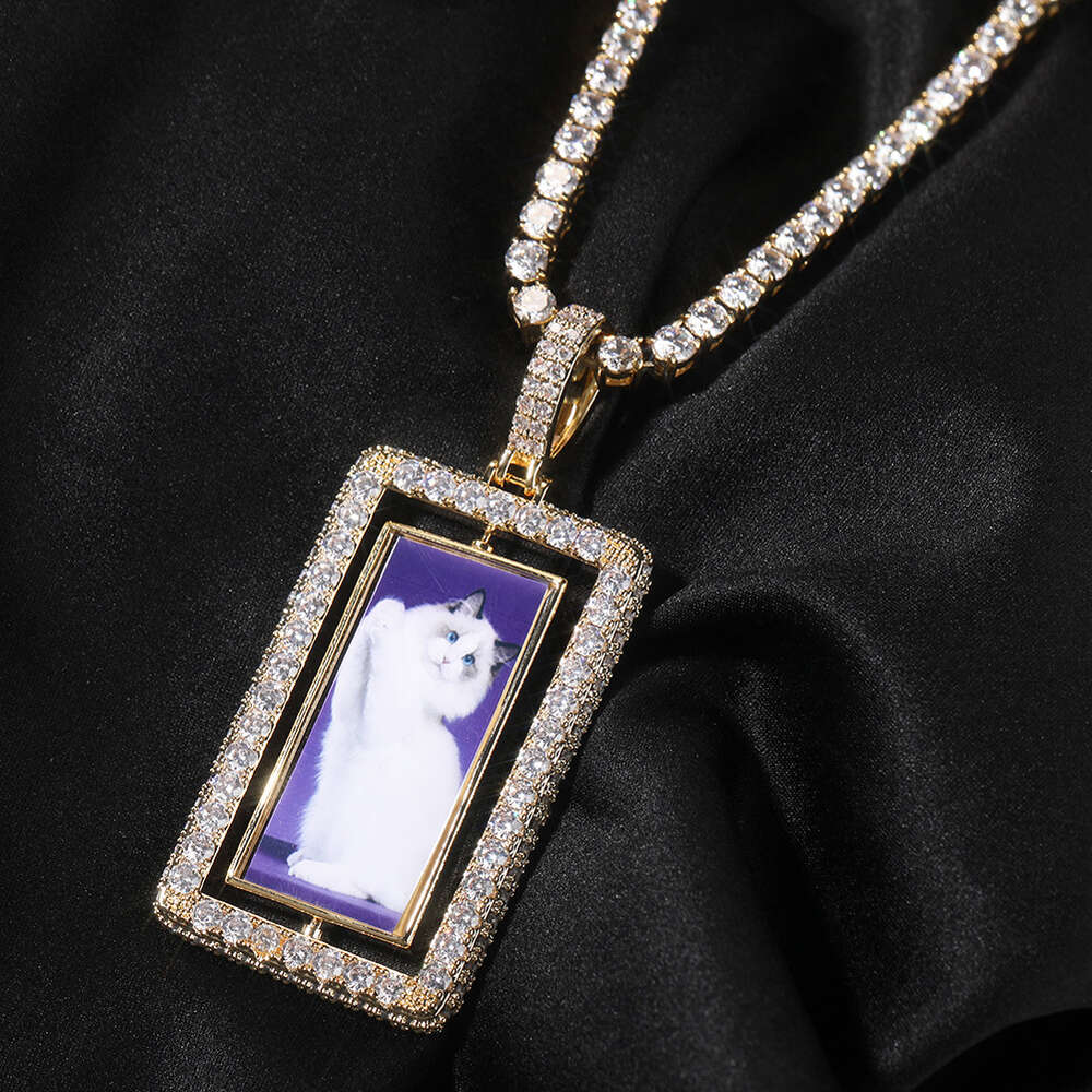 Top Quality Rotating Custom Photo Square Frame Pendant Necklace Hip Hop Full Iced Out Cubic Zirconia Fashion Personalized Diy Picture Couple Jewelry G