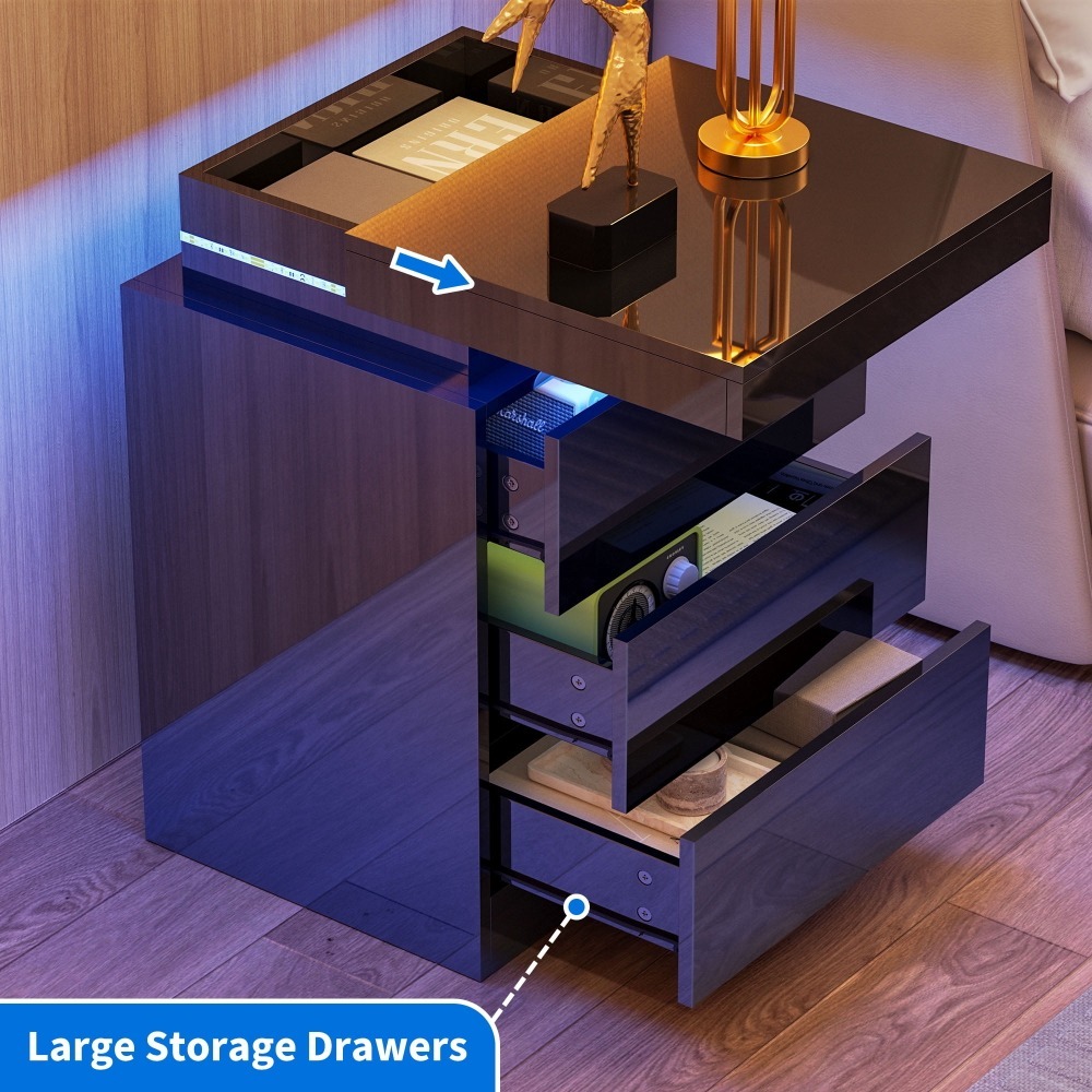 Living Room Furniture High Gloss Nightstand Bedside Table for Bedroom Bags LED Nightstand With 3 Drawers Nightstands Home