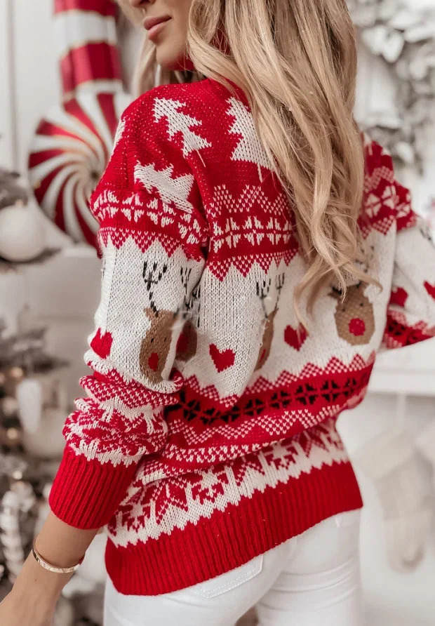 Winter Womens Christmas Sweater Casual Soft Jumper Full Sleeve O-Neck Jacquard Printed Knitted Warm Thick Top Pulling Women 241113