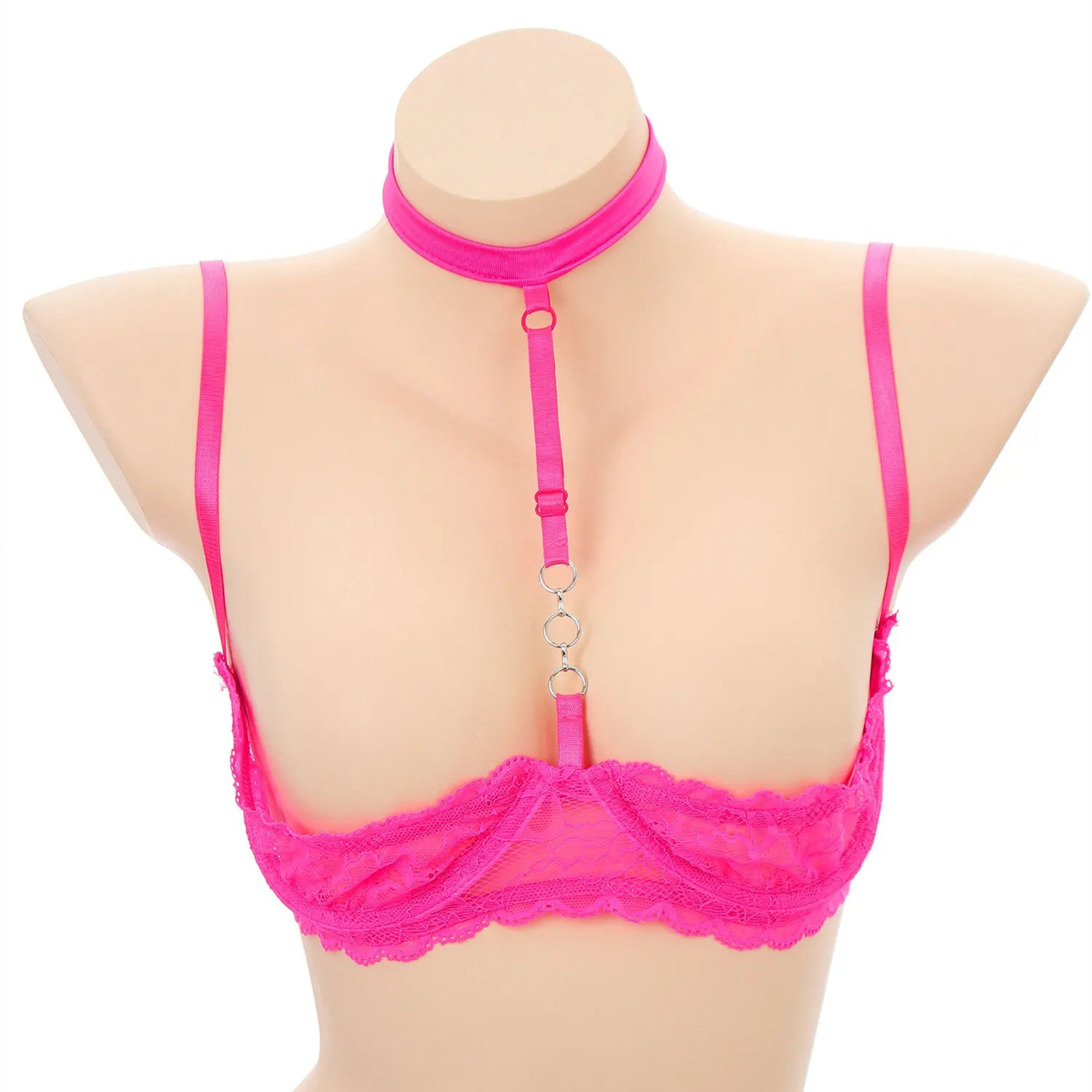 Underwire Cups Womens 1/4 Bra Halter Neck O Ring Sheer Lace Push Up Brassiere ddmysmile Lingerie Underwear Smile