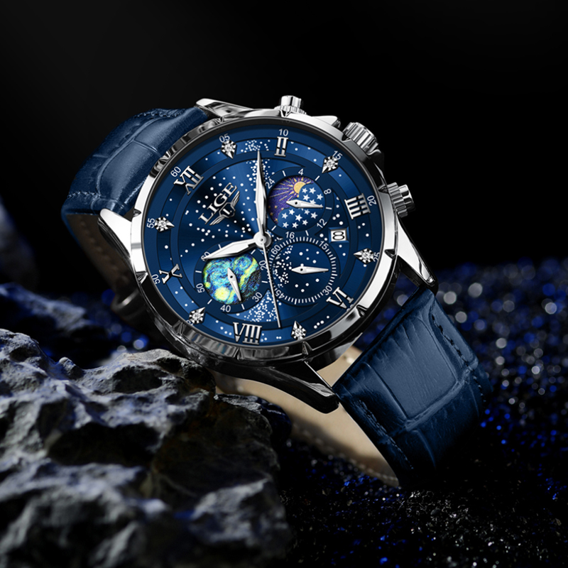 Casual Men LIGE Watches Sport Watch Men Waterproof Date Luminous Chronograph Wristwatch Male Quartz Watches Leather Clock smile