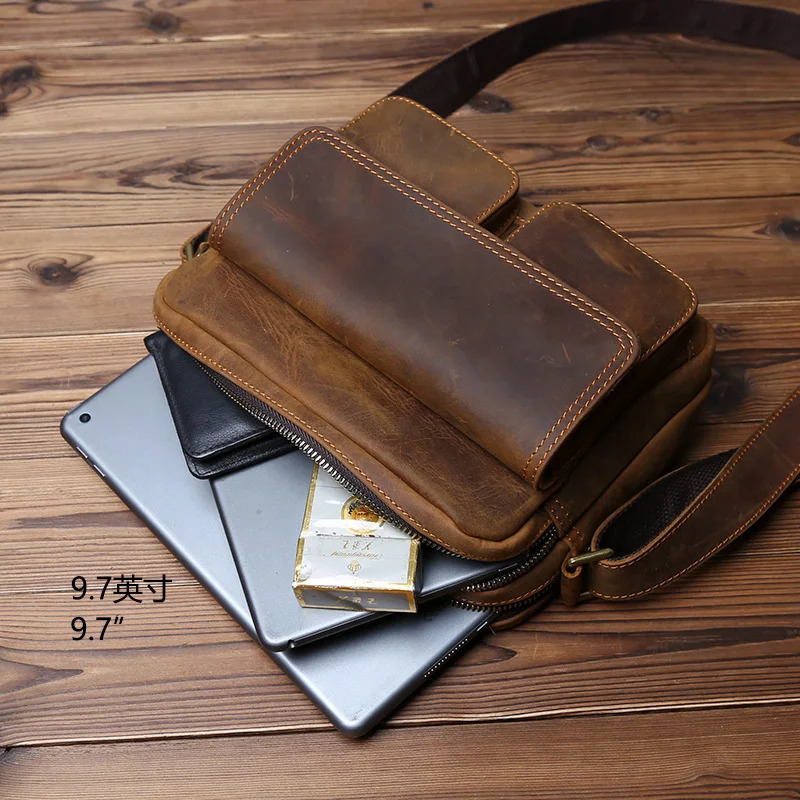 NZPJ Retro Leather Mens Messenger Bag Casual Top Layer Cowhide Shoulder Horizontal Backpack Suitable For 9 Inch Ipad 241111