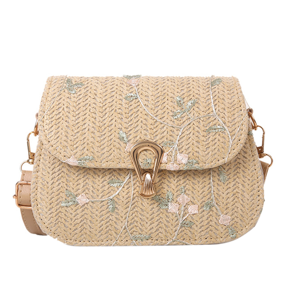 Women Straw Crossbody Bag Adjustable Strap Flower Straw Purse Hasp Closure Straw Satchel Bag Female Summer Beach Bag