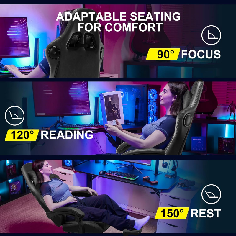 GTPLAYER Chair Computer Gaming (Leather, Grey)