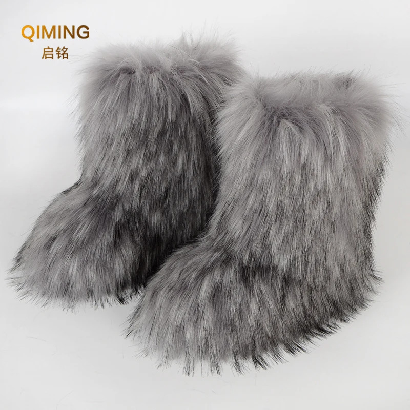 Women Faux Fur Boots Winter Fluffy Plush Warm Mid Calf Snow Boots Fashion Furry Boots Comfortable Outdoor Flat Shoes 241112