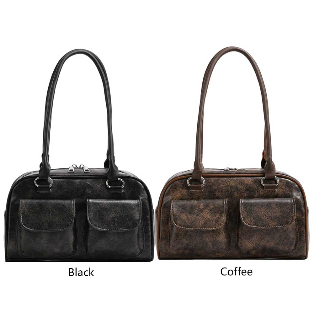 Women Small Casual Handbag Double Pocket PU Single Shoulder Bag Solid Color Simple Commuting Bag Large Capacity Retro Handbag