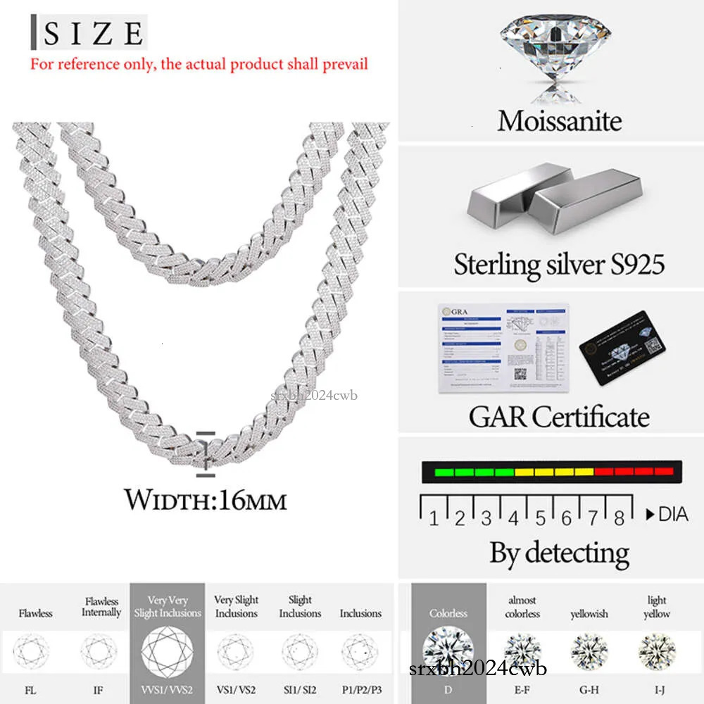 Custom 16mm Sterg Sier Vvs Moissanite Dia Heavy Iced Out Cuban k Chain Necklace for Men Rapper 10k 14k Gold