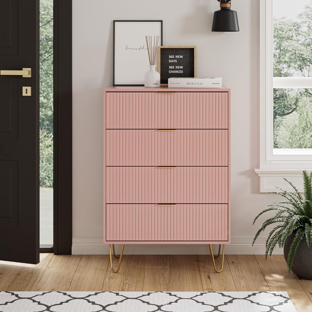 4 Drawer Dresser, Drawer Chest, Tall Storage Dresser Chest Cabinet Organizer Unit with Metal Legs, Small Dresser for Bedroom,