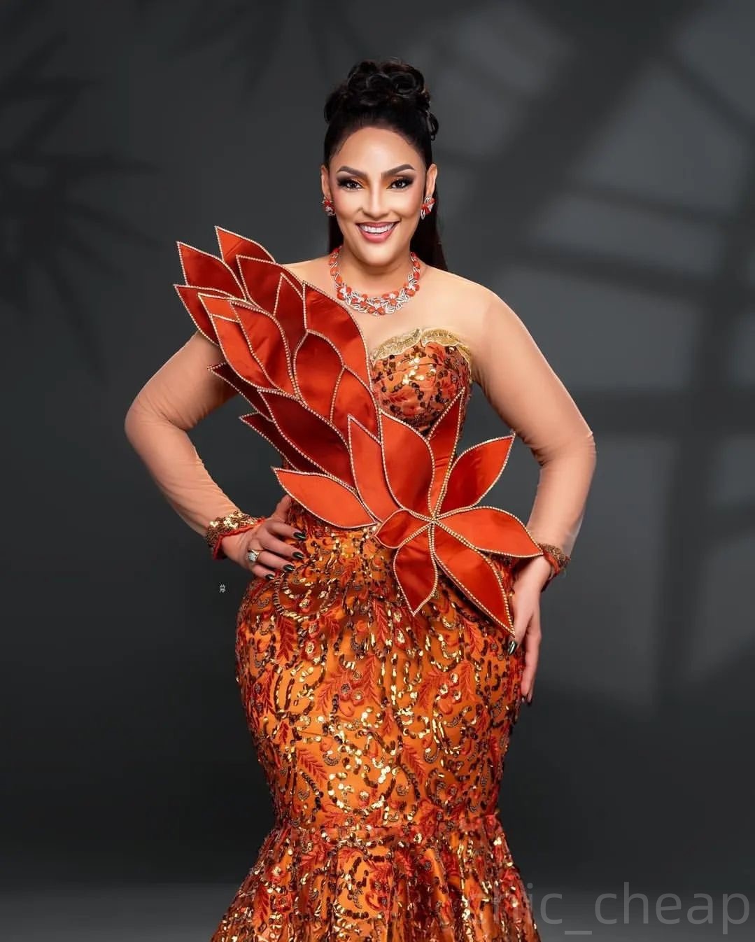 2024 Plus Size Orange Mermaid Prom Dresses For Special Occasions Florals Lace Full Sleeves Evening Party Birthday Gowns Dress For Women Vestidos de no