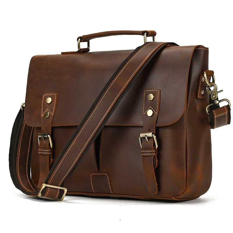 sbirds leather briefcase shoulder bag retro style mens cross body bag A4 book messenger womens handbag 241112