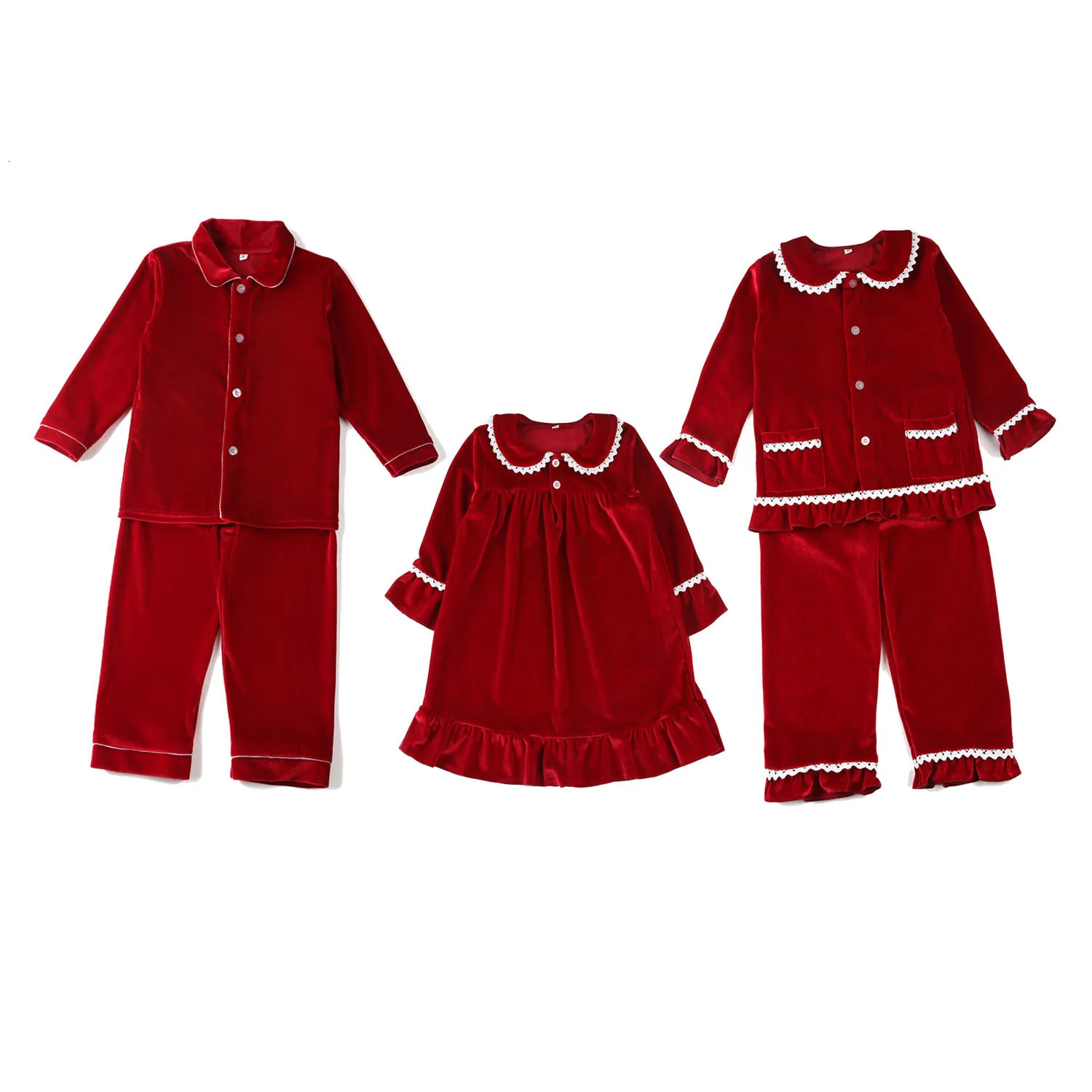 Matching Family Unisex Clothes Christmas Pyjamas Sets Soft Velvet Boys And Girls Ruffle Christmas Baby Pajamas Sets 241112