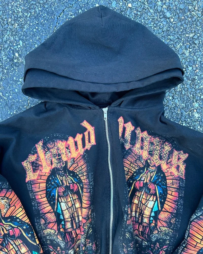 Y2k Fashion Printed Hoodie Harajuku Hip Hop Long Sleeve Coat Loose Zipper Hoodie Fashion Sportswear Mens Street Clothing 241111