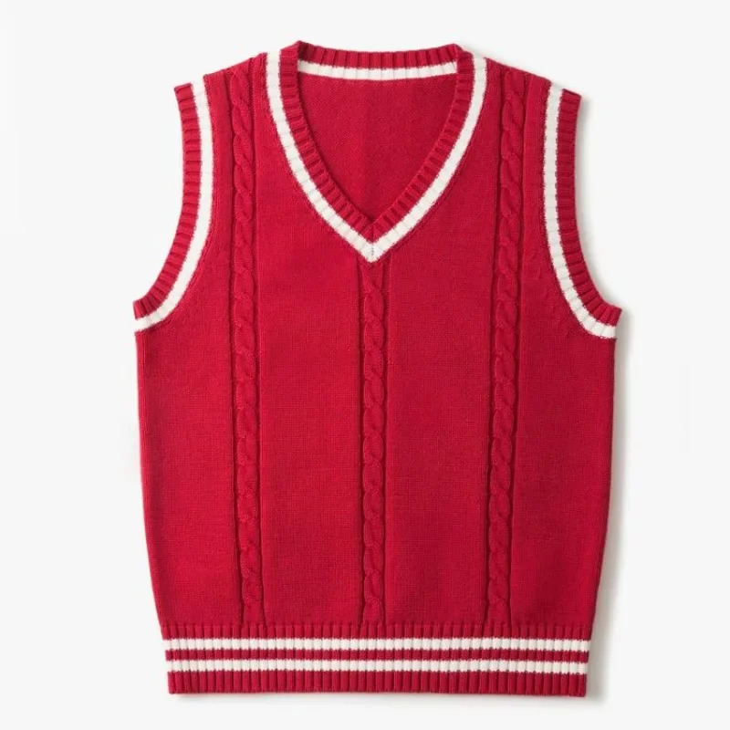 Striped White Knitted Sweaters for Men Blue Sleeveless Man Clothes V Neck Vest Red Waistcoat Jumpers Sweat-shirt Cigaret Cotton 241113