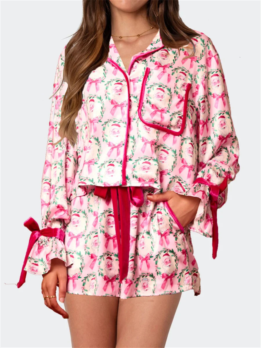 2025 Christmas Pajamas for Women Bow Tie Long Sleeve Shirt Shorts Satin Silk Funny Graphic 2 Piece Pjs Set Sleepwear 241113