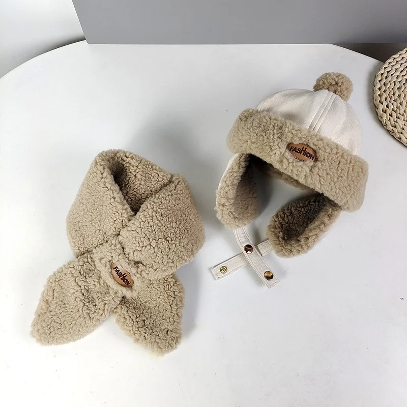Boy Baby Plush Warm Scarf Hat Set Autumn Winter Plush Thick Girl Kid Ear Protection Cap Simple Versatile Children Pullover Caps 241112