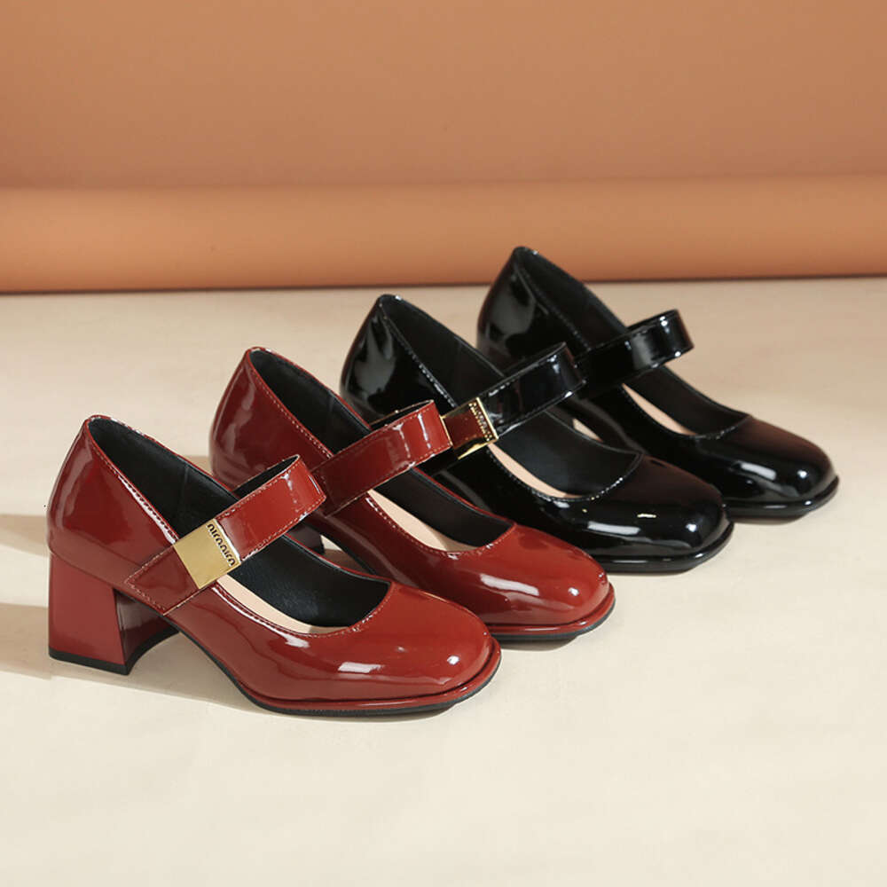 French Mary Jane 2024Jk Women's High Heels Thick Heel One Piece With Shallow Mouth Waterproof Platform Leather Shoes