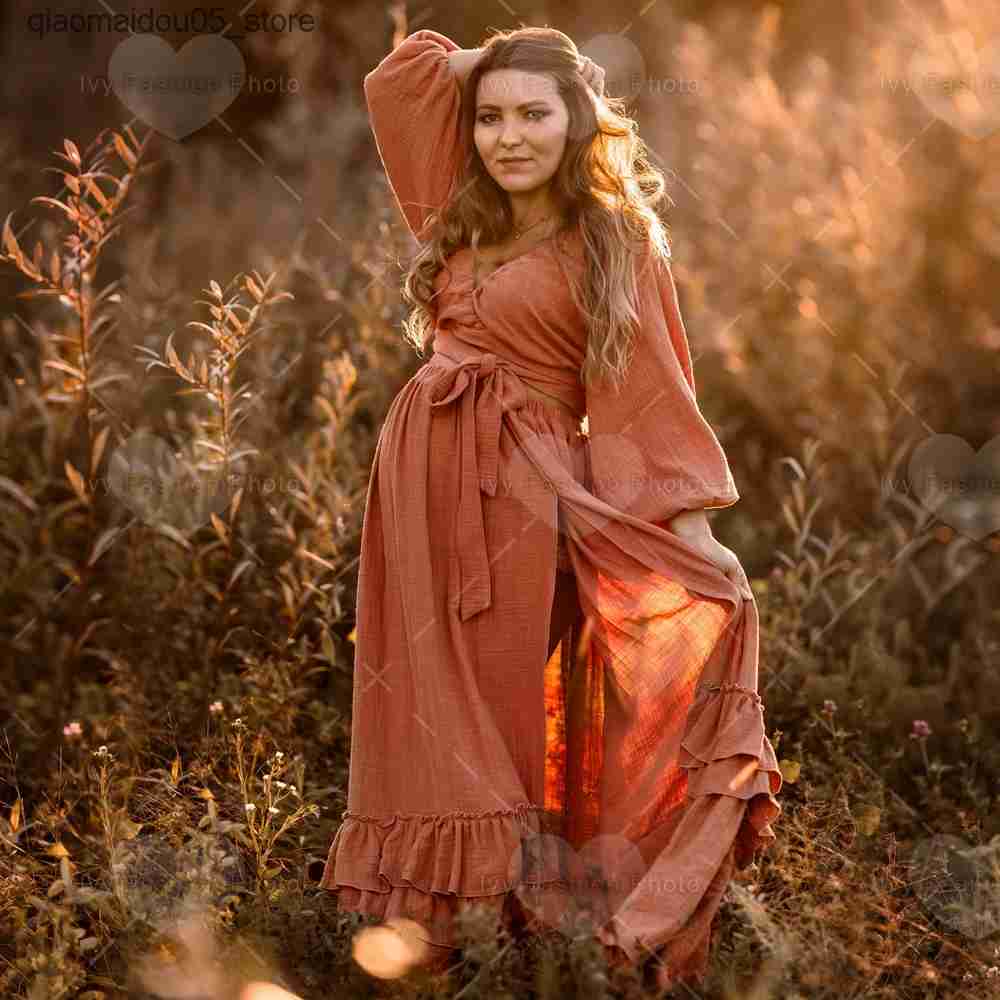 Maternity Dresses Linen cotton maternity dress for photo shooting two-piece set cotton maternity swimsuit Bohemian maternity dress Q240413