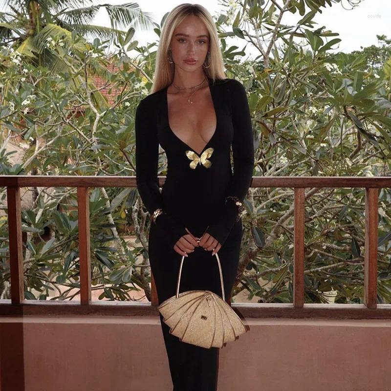 Casual Dresses Embellished Elegant Deep V Neck Maxi Dress Gown Club Outfits Autumn Long Sleeve Sexy Bodycon Mermaid Robes