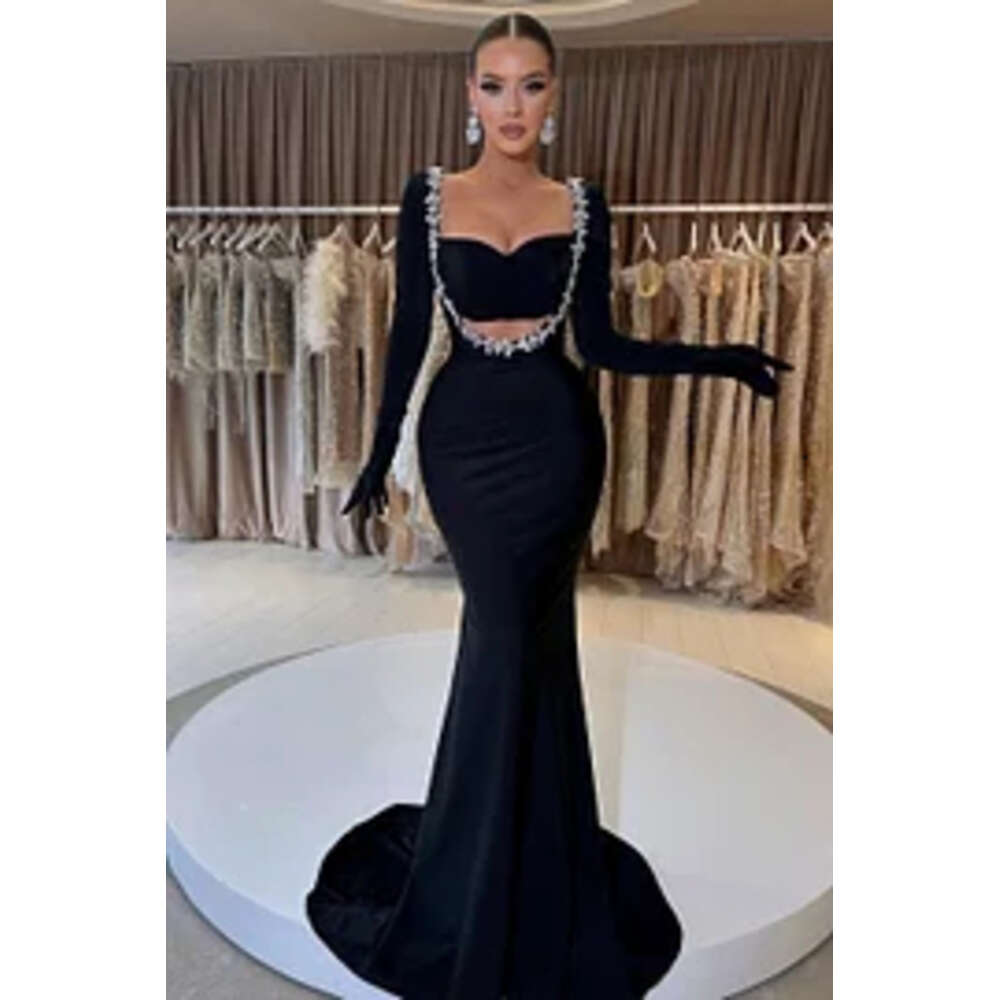Classic Evening Elastic Satin Black Long Sleeve Beaded Crystal Mermaid Prom Dress Formal Party Gown No Gloves 0220