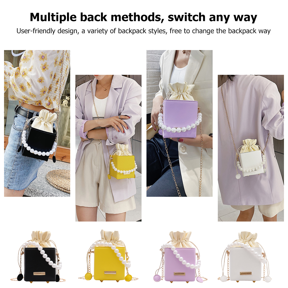 Fashion Square Box Crossbody Bags Women PU Leather Pearl Chain Mini Shoulder Purse Drawstring Female Sling Messenger Totes Bag