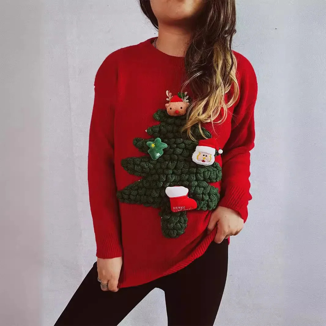 Arrival Autumn/Winter American Style 3D Plucked Christmas Tree Red Sweater Loose Suitable for Womens Year 241113