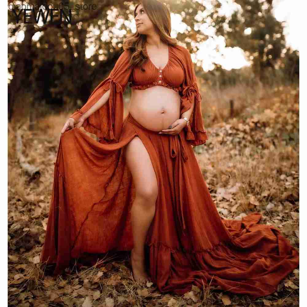 Maternity Dresses 2 pieces of Contton linen maternity dress for photo shooting photography dress baby shower set YEWEN YD211008 Q240413