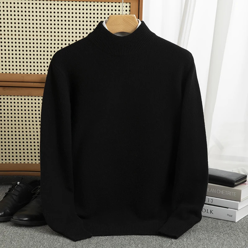 Thick Autumn Winter Merino Wool Jacquard Cashmere Sweater Mens Half ponytail Neck Jacquard Warm Bottom Knitted Top 241113