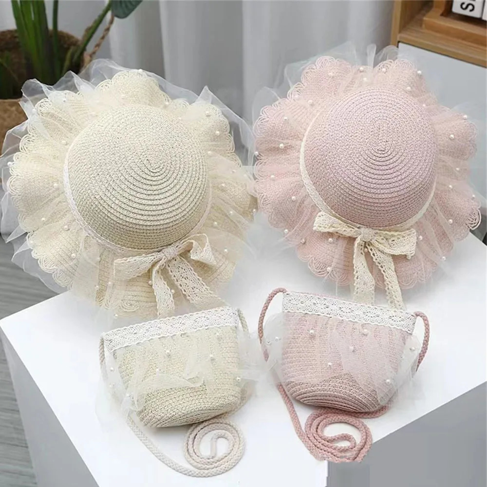2pcs/sets Kids Straw Hat Shoulder Bags Set Summer Girl Sun Cap Children Girl Straw Panama Hat Travel Beach Sun Hat and Bag 241112