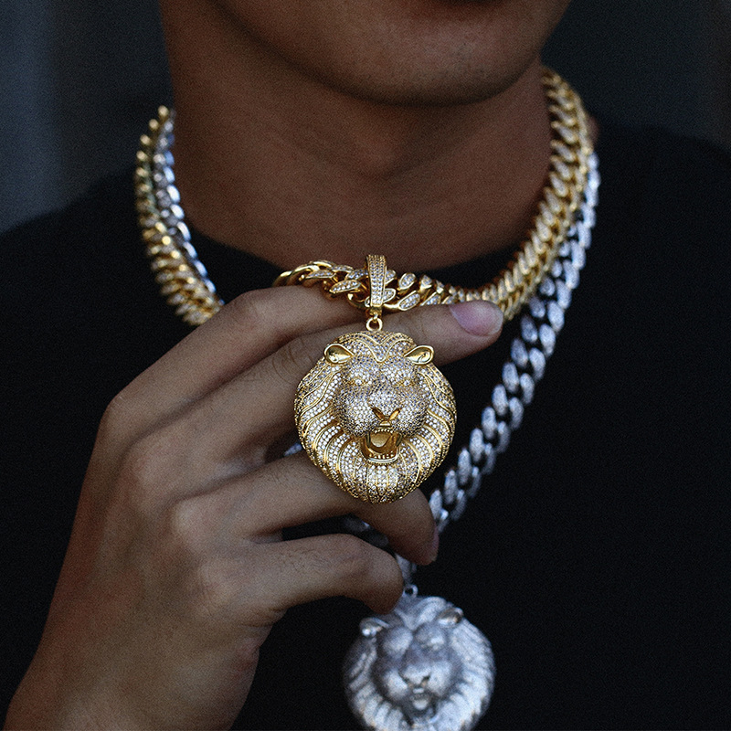 Hip Hop Large Lion Head Pendant Necklace TopBling 5A Zircon 18k Real Gold Plated Mens Jewelry