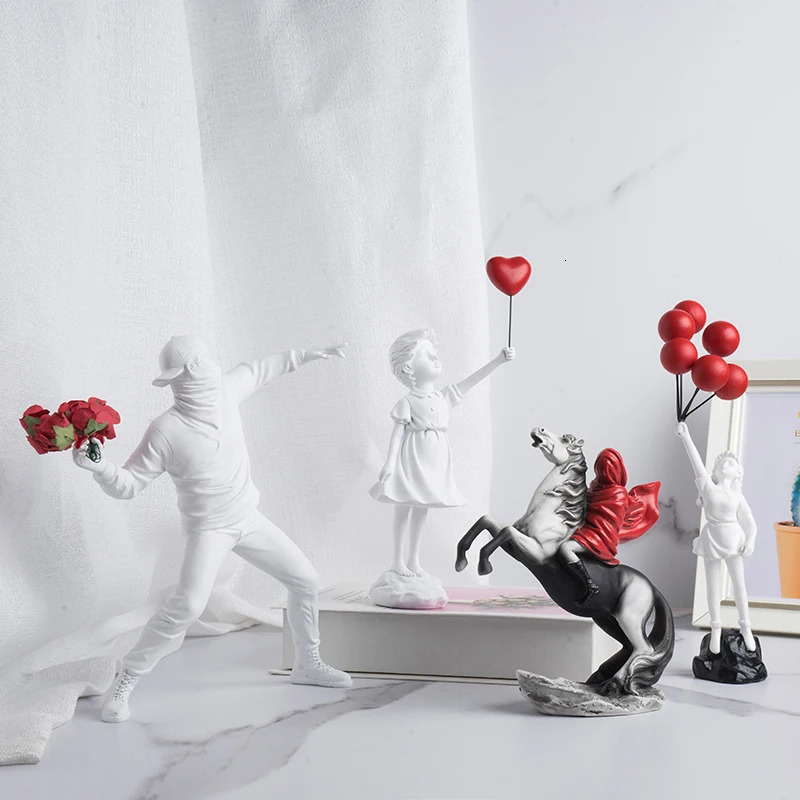Banksy Sculpture Collection Flower Thrower Statue Pop Art Modern Balloon Girl Figurine Office Home Decoration Accessories Street 240409