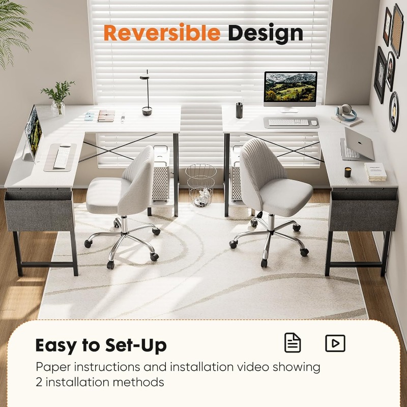 Gaming Table Corner Desk PC White Writing Desk Study Desks with Wooden Desktop CPU Stand Side Bag Reversible for Home Office