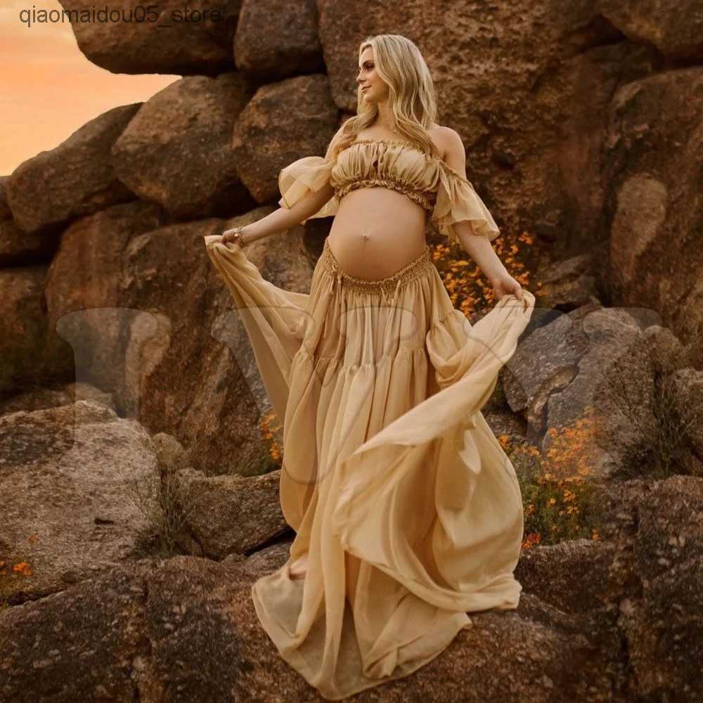 Maternity Dresses Photoshot pregnant womens long coat and top tier pregnant womens pleated semi transparent chiffon baby shower dress Q240413