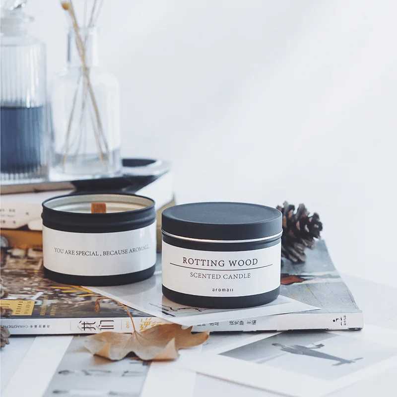 Black Tin Can Scented Aromatic Candles Wooden Candle Jars with Lid CLASSic Home Decorative Candles Dried FlowerXJ241112