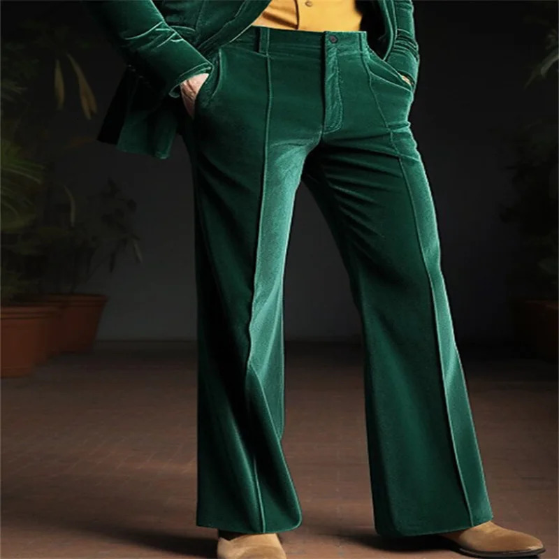 Mens Retro Flare Velvet Pants Pure Green Blue Soft Full Length Trouser Plus Size Mens Stand up Pocket Casual Boots Tailored Sports Pants 241113