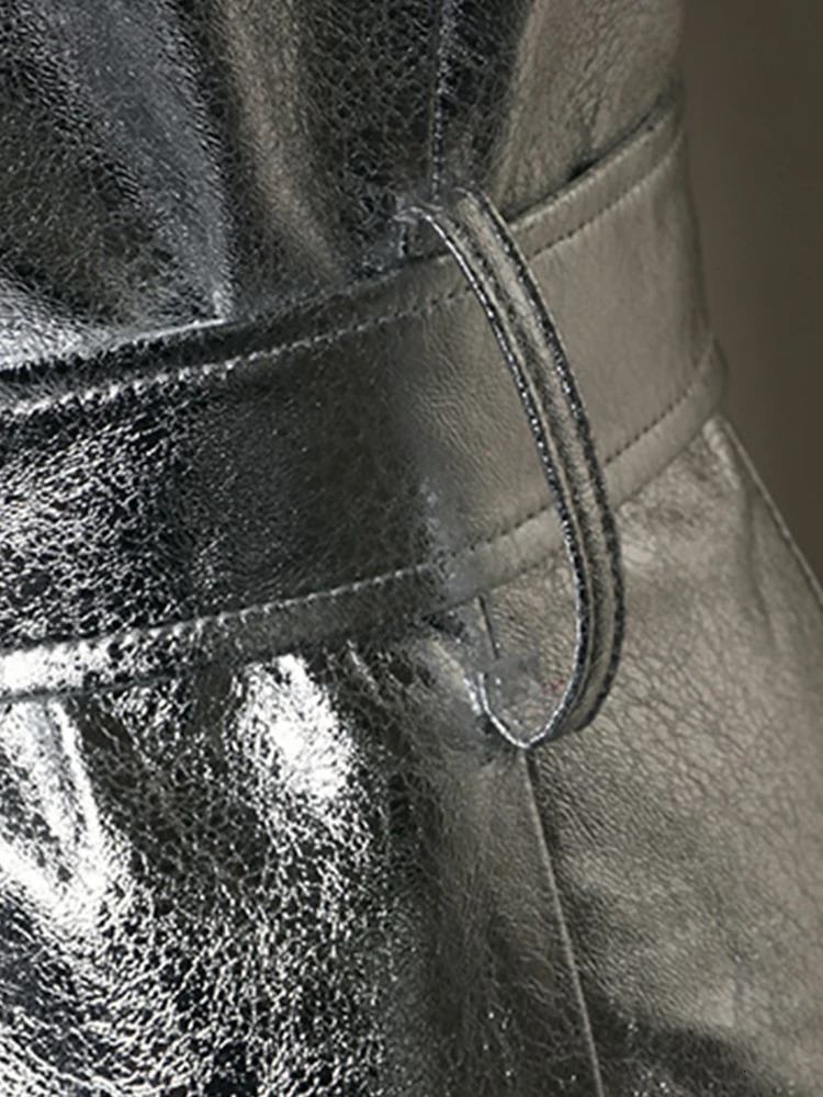 Lautaro Spring Autumn Long Cool Silver Shiny Reflective Pu Leather Trench Coat for Women with Hood Runway Fashion 241113 - view 7