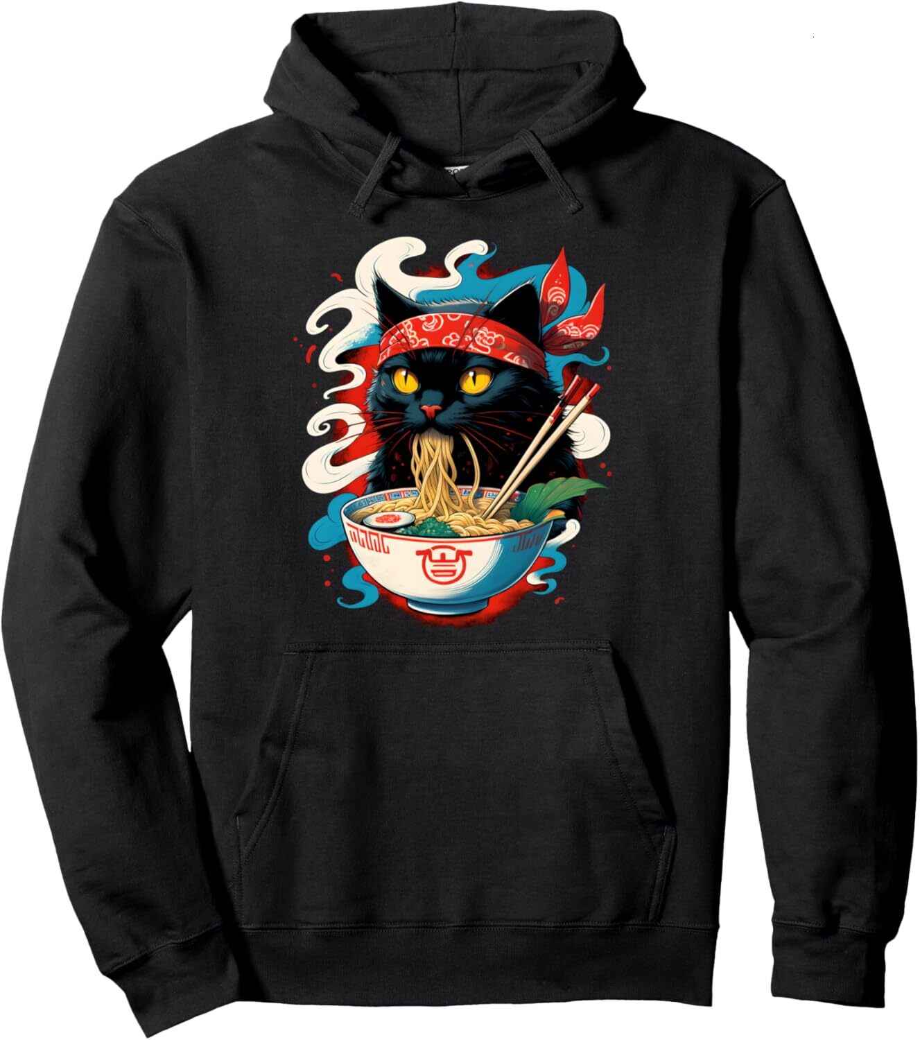 Hoodie for Mens cool Black Cat Ramen Noodle Japanese Anime Kawaii Cat Pullover Hoodie Graphic Hoodies sweatshirt
