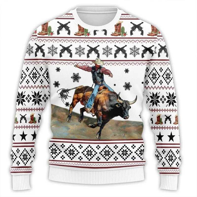 Western Cowboy Ugly Christmas For Men Clothes Rodeo Man Funny Ugly Sweaters Xmas Holiday Crew Neck Sweatshirt Boy Top LX241113