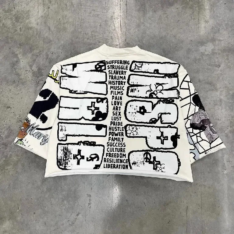 Super sized hip-hop graffiti style flat printed T-shirt for men and women medium long sleeved punk Y2K Harajuku loose short sleeved shirt 241112