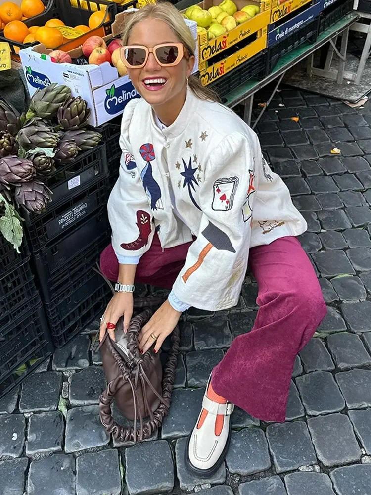 Women's Jackets Fashion Embroidery Print Women Short Coat Elegant Long Sleeve Round Neck Jacket 2024 Spring Female Chic High Streetwear