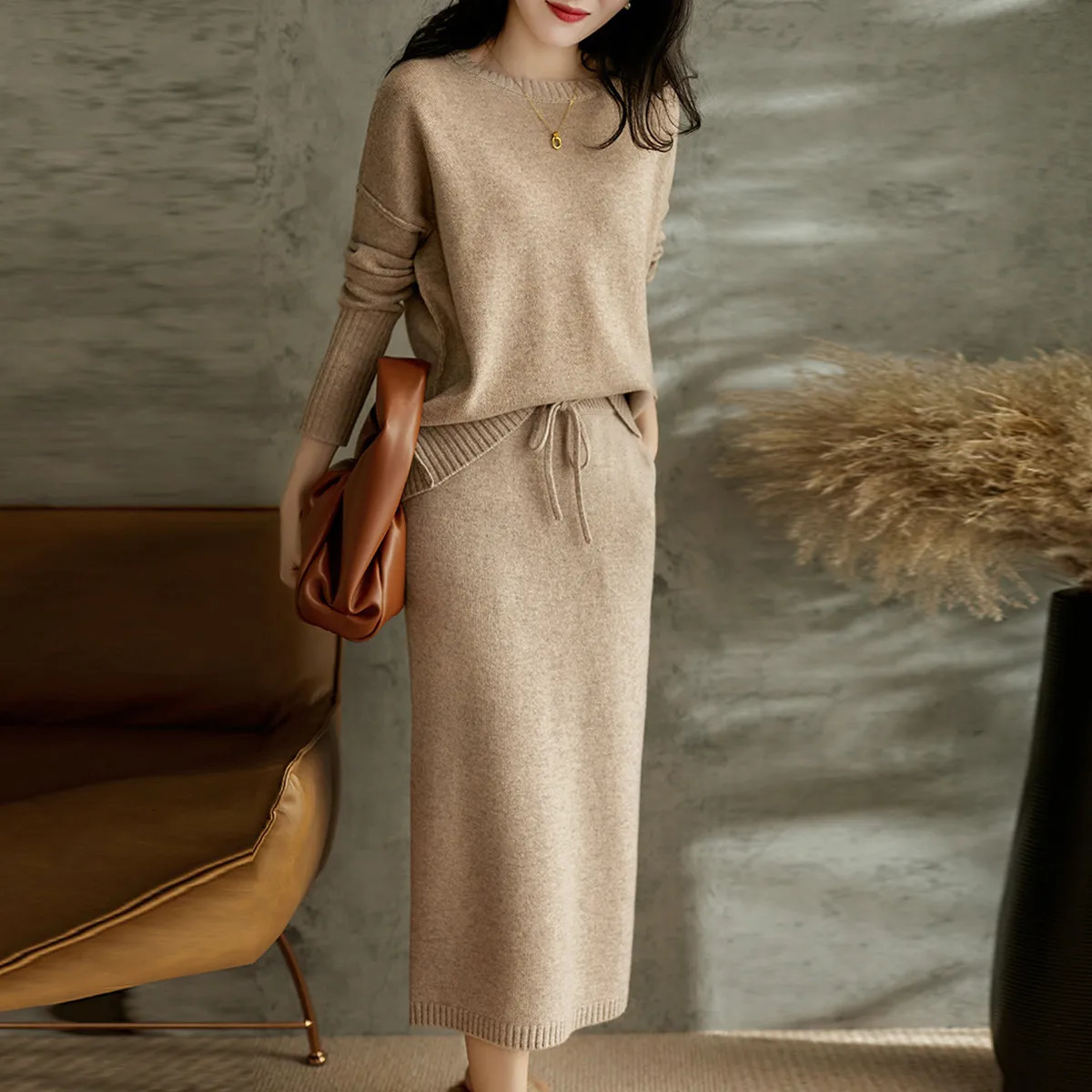 Autumn Women Sweater Two Piece Set Knitted Sets Solid Casual O Neck Long Sleeve Pullover TopElastic Waist Midi Skirt Suit 240401