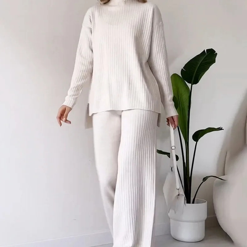 Women Knitted Twopiece Set Casual Loose Womens Home Suit With High Collar Top Wide Leg Trousers Knitting 2 Piece Outfit Winter 241111