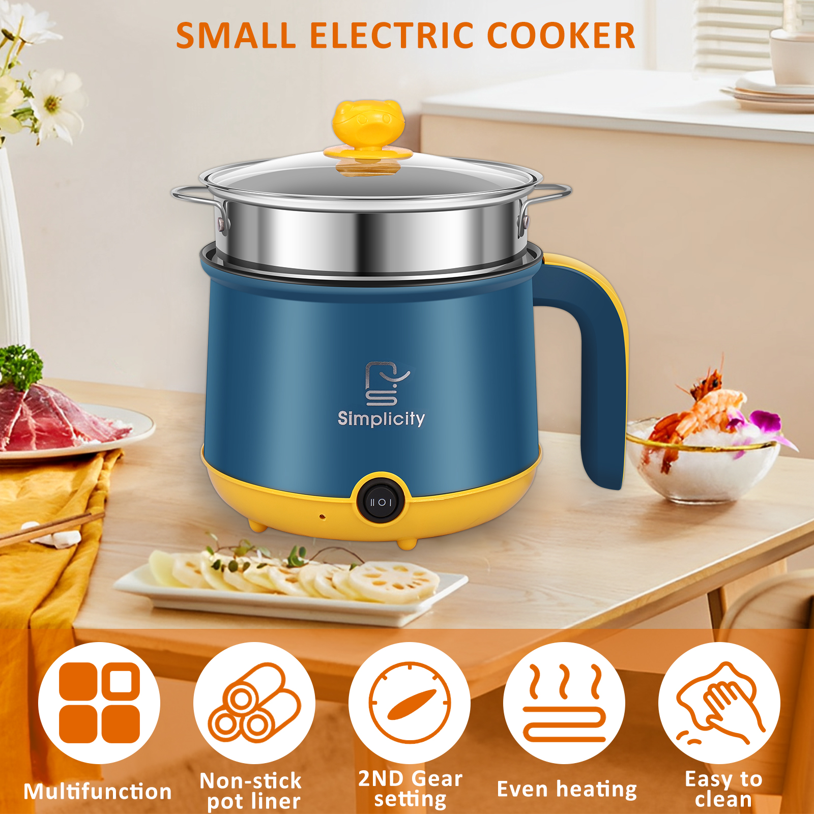 Electric Hot Pot with Handle 1.8L / 55oz Electric Cooking Pot Non-Stick Mini Cooker with Steam Rack 2 Gear Mini Hot Pot Cooker