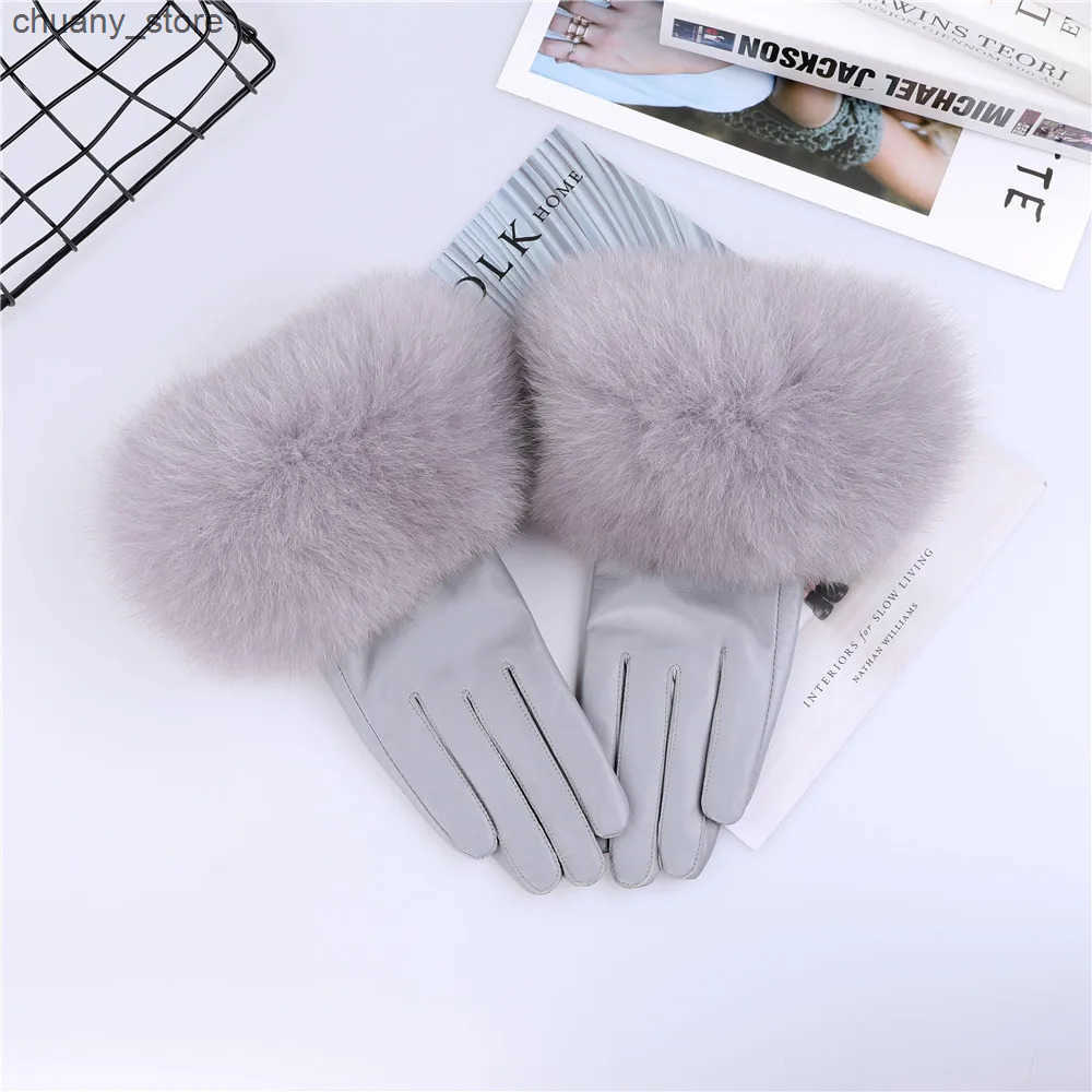 Fingerless Gloves Sheepskin Natural Fox Fur Trimming Gloves Womens Genuine Leather Wrist Warmer Glove Winter Warm Fashion Mittens Fce Lining L240910