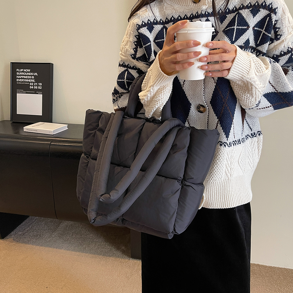 Quilted Puffer Tote Bag for Women Cotton Down Padded Shoulder Bag Winter Shopper Handle Bag Puffy Handbag Purse 2024 Women's Bag