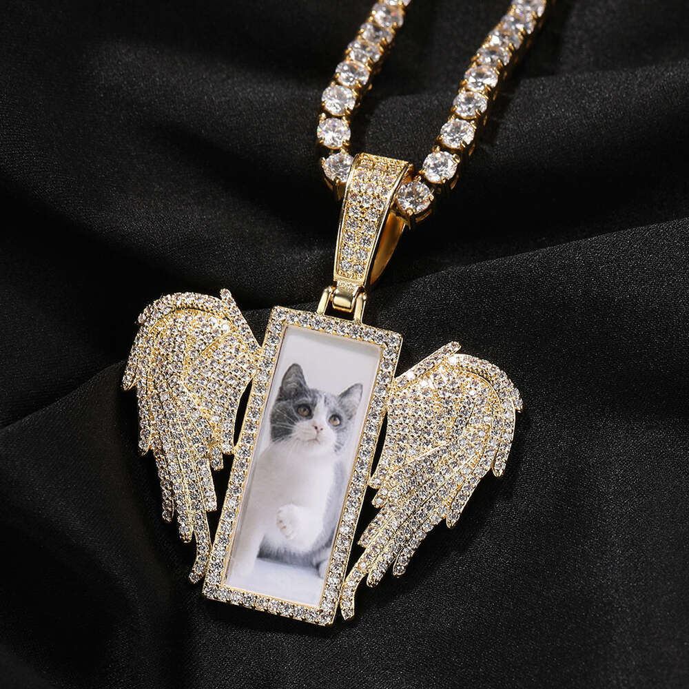 Top Quality Bling Rectangular Angel Wings Custom Photo Pendant Necklace Punk Hip Hop Jewelry New Creative Ins Style Necklaces Iced Out Cz Stone Jewelr