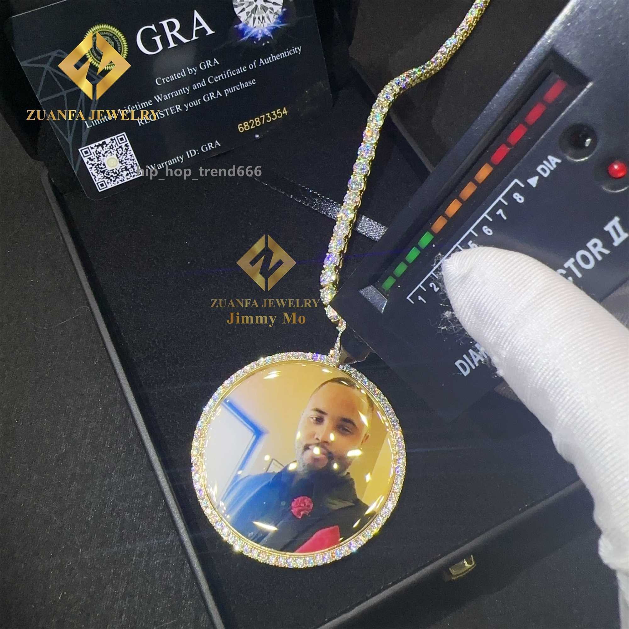 55MM Diameter Pass Diamond Tester Iced Out Jewelry S925 Yellow Gold Plated VVS1 Moissanite Diamond Memory Pendant Necklace