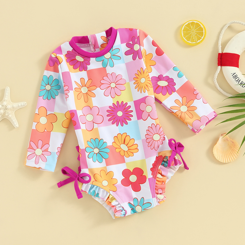 0-3Y Baby Girls Rash Guard Swimwear Butterfly Floral Long Sleeve Ruffle Romper Swimsuits Toddler Beachwear Kids Bathing Suits